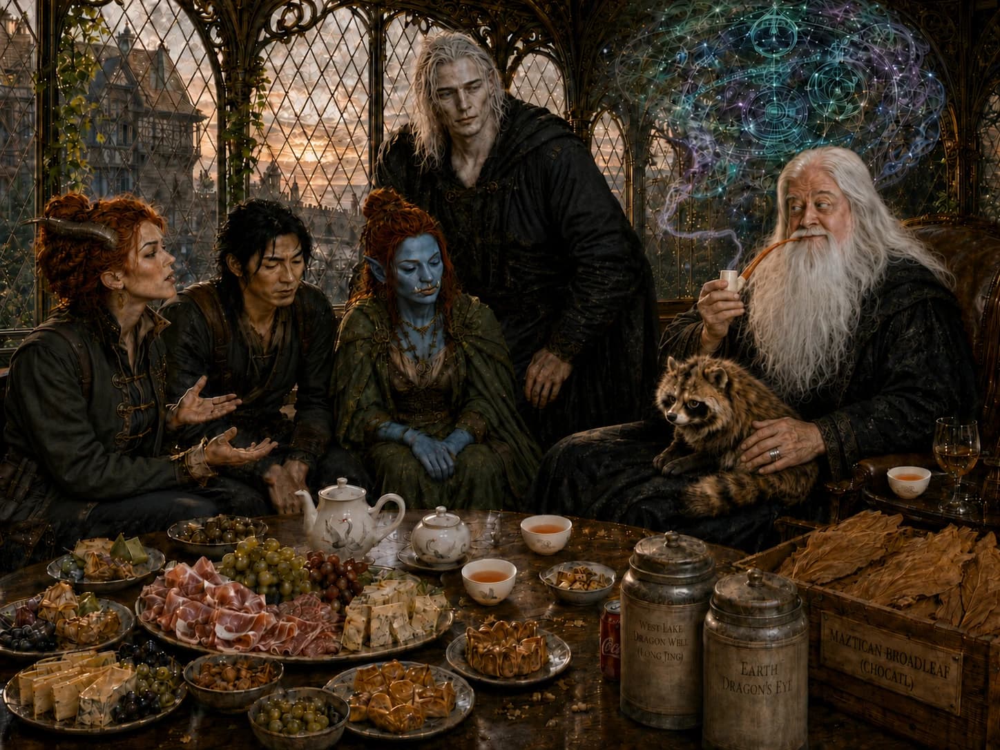 The Wardens sharing a richly appointed table with Elminster while arcane diagrams glow behind them.
